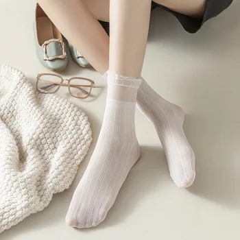 Дамски чорапи, Тънки Прозрачни Дантелени Чорапи С Волани и Кристали, Обикновена Чорапи За Жените, Меки Сладък Модни Летни Чорапи в стил Харадзюку За Момичета