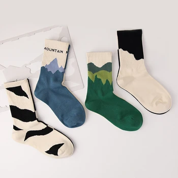 Дамски чорапи унисекс с картина на заснежени планини, пролет/лято, памучни чорапи на райета, индивидуален дизайн на дрехи