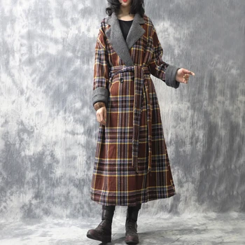 Дамско зимно палто, вълнена в клетката, свободно дълго палто в стил мозайка, Връхни дрехи, дамское модно клетчатое палто дамско палто 2019