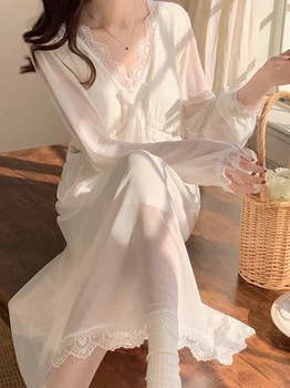 Дантелено памучно сексуално нощно рокля с дълъг ръкав, пролетта винтажное секси дълга рокля с подплата, нощни ризи на корейската принцеса, нощница за жени