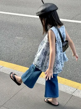 Детски дънкови панталони с еластичен колан с дължина до щиколоток, преки свободни памучни обикновена чисти прости модни летни детски за момичета