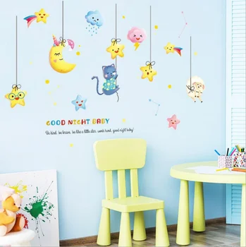 Детски стикери за стена с хубав модел Луната и звездите за детска стая, котка, овца, украса на детската стая, животни, начало декор, художествени етикети Muraux