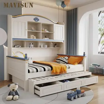 Детско легло от масивно дърво с рафтове, спалня за деца от 5-8 години, шкаф с три чекмеджета, Устойчиво многофункционално легло за дете