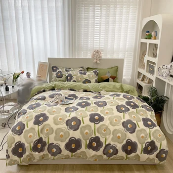 Домашен текстил Зелено-Сиви цветя Модерен класически чаршаф, Чаршаф, калъфка за възглавница, единична двойна комплект спално бельо Queen King за дома