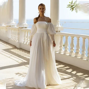 Доста Секси ръкави, с открити рамене, Красиви сватбени рокли с дълги ръкави в стил бохо 2023, Бяла плажна бохемската парти