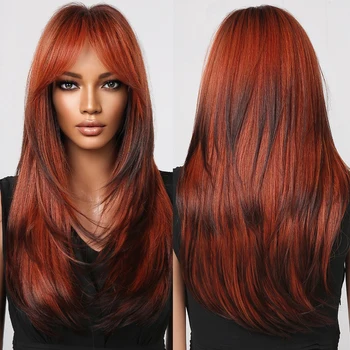 Дълги оранжево-кафяви ламинирани синтетични перуки, медно-червен права перука с бретон за дневни коса, черни жени, топлоустойчиви