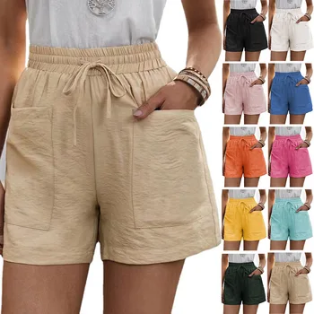Европа и Съединените Щати, летни дамски нови свободни ленени ежедневни панталони с джобове, обикновена широки панталони с висока талия