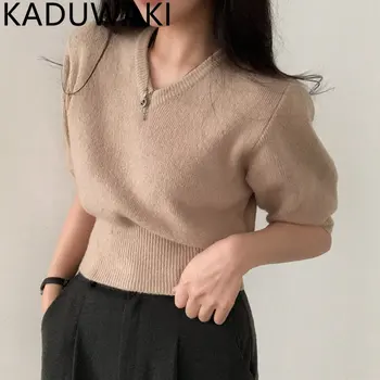 Елегантен Свободен ден за ден пуловер с V-образно деколте, женски обикновен пуловер с къси ръкави, вязаный топ в корейски стил, шик скъпа жилетка