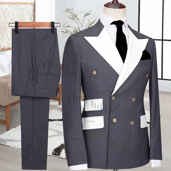 Елегантен сив сватбени костюми на младоженеца Thorndike, комплект от блейзър и панталони 2023, Двубортный яке с панталони, деловият мъжки костюм