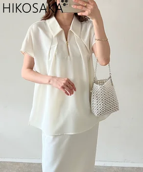 Елегантна дамска блуза с отложным яка и плиссированным дизайн с цип, обикновена ежедневните Свободни ризи с къс ръкав, офис дамски елегантни Blusas Mujer