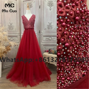 Елегантни абитуриентски рокли трапецовидна форма и червен цвят 2021, дълга рокля за абитуриентски бал с V-образно деколте и перли, дълго тюлевое вечерна рокля за жените