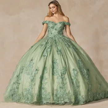 Елегантни буйни рокля с цветен аппликацией Мятно-зелен цвят, с открити рамене, корсет от дантела, пищни рокля на принцеса