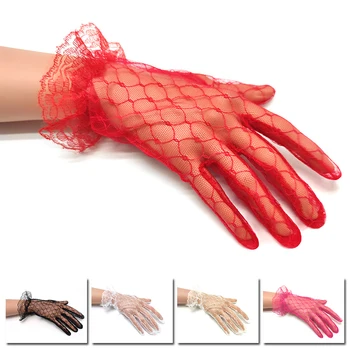 Елегантни дамски къси дантелени ръкавици, нова прозрачна риболовна мрежа, бели пикантни ръкавици за бала, дължината на китката, дамски ръкавици за булката, ръкавици за шофиране