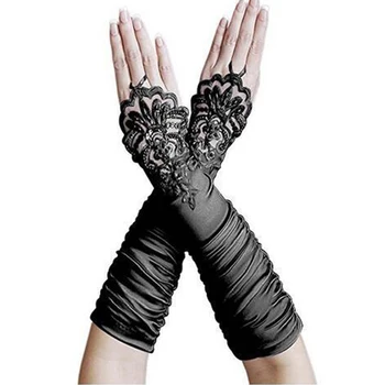 Елегантни дълги черни сватбени ръкавици с дължина до лакътя женски танцови без пръсти с дантелен аппликацией от мъниста