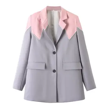 Жена 2023 Нов модерен пролетен блейзър в контрастен цвят, винтажное палто с дълги ръкави и джобове, отличава със спокойна дамски Връхни дрехи, Шик