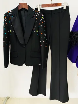 Жена брючный костюм за пролетта на модните подиуми 2023, висококачествени Блейзери с диаманти, Сака + панталони, Комплект от две части на C536