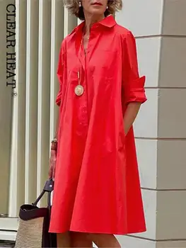 Жена однотонное рокля-риза, модерни ежедневни рокли миди с отложным яка и джобове, с дълъг ръкав, летни дамски секси рокли на точки, Vestidos