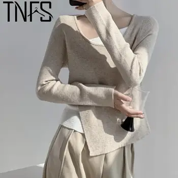 Жена пуловер TNFS, Асиметричен Пуловер, Пуловери, Нередовен О-образно деколте, реколта модни възли блузи, Дамски 2023