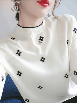 Жена пуловер, изискан плетива, с бродерии, есен-зима 2023, дамски нова тънка долна риза голям размер, корейски трикотаж 3XL