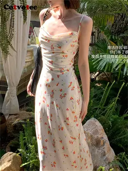 Женствена рокля с цветя модел Cotvotee 2023, Ново модно ежедневна лятна рокля с тънки спагети презрамки, луксозно елегантна атласное секси рокля с отворен гръб