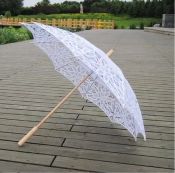 Завързана сватбен чадър с бродерия Баттенбург, памук бял чадър от слънцето, елегантен подпори за сватбени фотосесии ръчно изработени