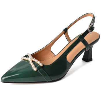 Зелени, розови, бели сандали, дамски летни обувки 2023 г., сандали от естествена кожа, обувки за партита, луксозни чехли с остри пръсти, голям размер на 45