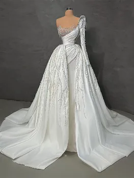Изискани сватбени рокли на Русалка с дълъг ръкав, V образно деколте, апликация от пайети, сатен, мъниста, перли, подвижна панделка, сватбени рокли
