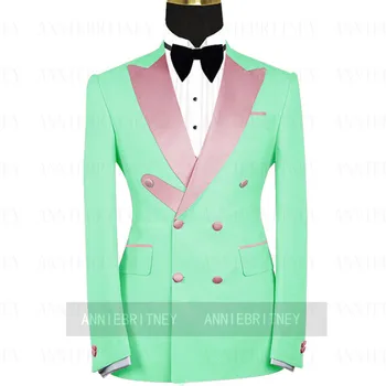 Изработена по поръчка мятно-зелен костюм, мъжки комплект, модерен оборудвана двубортный смокинг за младоженеца на сватбата, бала, яке певец, Панталони 2 бр.