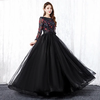 Иллюзионные буйни рокли с дълги ръкави и Дантелени цветя Бална рокля с кръгло деколте Класическа черна рокля с дължина до пода 15 с колан