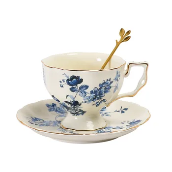 Керамични кафеена чаша и чиния, френски синьо-бял порцеланов сервиз на кафе, чаша за чай, чаша черен чай, цветя чаша за чай