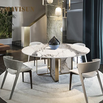 Комбинация от леки луксозен шиферного маса за хранене и столове, кръгла маса за малък апартамент, минималистичная Мебели за ресторант