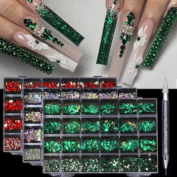 Комплект бижута с диаманти на 24 окото декорации за нокти, тренировка за нокти с плоско дъно, луксозен дизайн на ноктите, илюзия цвят на диаманта във формата на ноктите