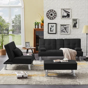 Комплект мека мебел секционни от 3 теми, Текстилен разтегателен диван-легло с 2 Подстаканниками, Подвижен Подлакътник и метално Стъбло, Едноспален разтегателен диван с Пуфиком