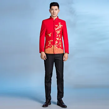 Комплект от две части на традиционен Китайски червено модел на копчета с бродерия Костюми Рокля, Костюм Мъжки сватбени костюми Комплект панталон плюс размер 4xl