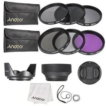 Комплект Филтри за обектива на камерата Andoer 49mm UV + CPL + FLD + 2 4 8 с Чанта за носене/ Капачка на обектива/Блендами за обектив/ Държач на капачката на обектива /Кърпа за почистване