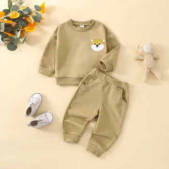 Комплекти дрехи за новородени бебета 0-24 месеца, комплекти дрехи за малки момчета и момичета, 2 броя, Блузи с дълъг ръкав, бродерия за кучета, комплекти за панталони