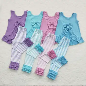 Комплекти летни дрехи от 4 цвята за малки момичета, Новият бутик-туника с нос отзад, шарени къси панталони, ежедневни облекла за деца, костюми