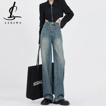 Корейски модни реколтата, дънки, дамски дънки с висока талия, тенденция 2023, дамски дрехи, градинска облекло, Панталони Y2k, дрехи от деним