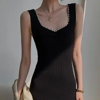 Корейското черно трикотажное рокля, лятно ново приталенное рокля без ръкави, с цепка на спагети презрамки