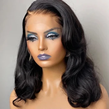 Кратък перука-боб с масова вълна на 13x4 4x4, Синтетичен закриване на косата на дантели, изкуствени перуки, изработени от човешка коса, предварително выщипанные бразилски дантелени къдрави перуки Реми за черни жени