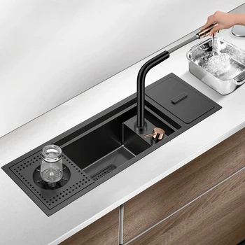Кухненска мивка от неръждаема стомана SUS 304 с нанометровым черен скрита ополаскивателем за чаши, ръчно изработени Мивки с мивка за чаши и мусорным резервоар