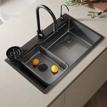 Кухненски мивки Nano, Модерни и луксозни мивки от неръждаема стомана с един слот, домашен сгъсти кухненската мивка, кухненски принадлежности