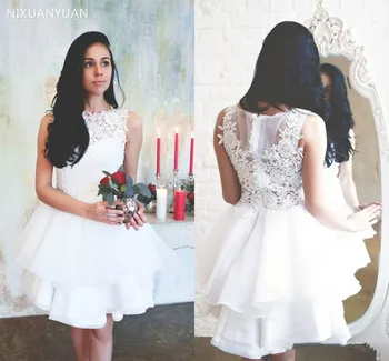 Къса Булчинска рокля Дантелени Евтини нива апликация с дължина до коляното Секси сватбена рокля Сватбена рокля Vestidos De Новия