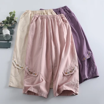 Летни нови сладки ежедневни панталони с джобове и бродерии, дамски панталон с еластична талия с дължина до щиколоток