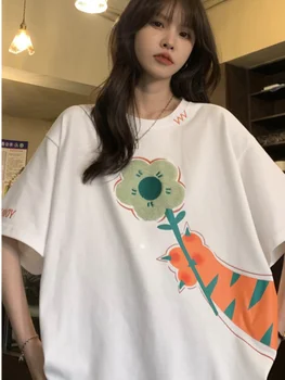 Летни тениски с къс ръкав, корейската мода, Свободна градинска облекло, блузи с анимационни принтом, женски Y2k, естетически ежедневни ризи в стил харадзюку с кръгло деколте