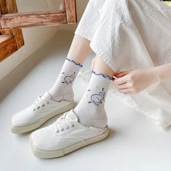 Летни фини дамски чорапи в корейски стил с сетчатыми уши, средната тръба, чорапи в стил харадзюку, Бели дантелени чорапи със сладък японски котка