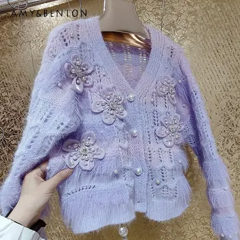 Лилаво вязаный пуловер Оверсайз, Седеф пъстър пуловер-жилетка с обемен цветен модел, свързан плетене на една кука в стила на тежката промишленост, пуловер