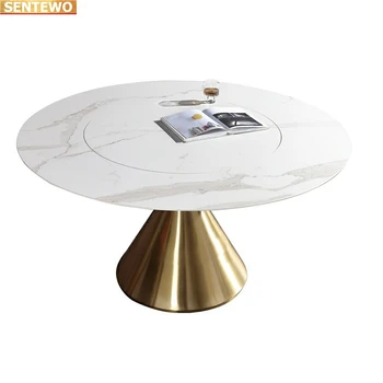 Луксозен дизайнерски маса за хранене от мраморни плочи с кръгла маса, 6 стола, мебели, маси comedor marbre, основа от неръждаема стомана и злато