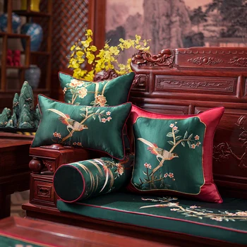 Луксозен художествен ретро калъф за възглавници, декоративна калъфка за възглавница, китайска Зелено-Червена Бродерия във формата на птици, Флора, разтегателен диван-фотьойл Coussin
