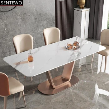 Луксозна маса за хранене е от каменни плочи с набор от 8 столове от неръждаема стомана със златна основа, плот от изкуствен мрамор, мебели за дома, кухня, шезлонг